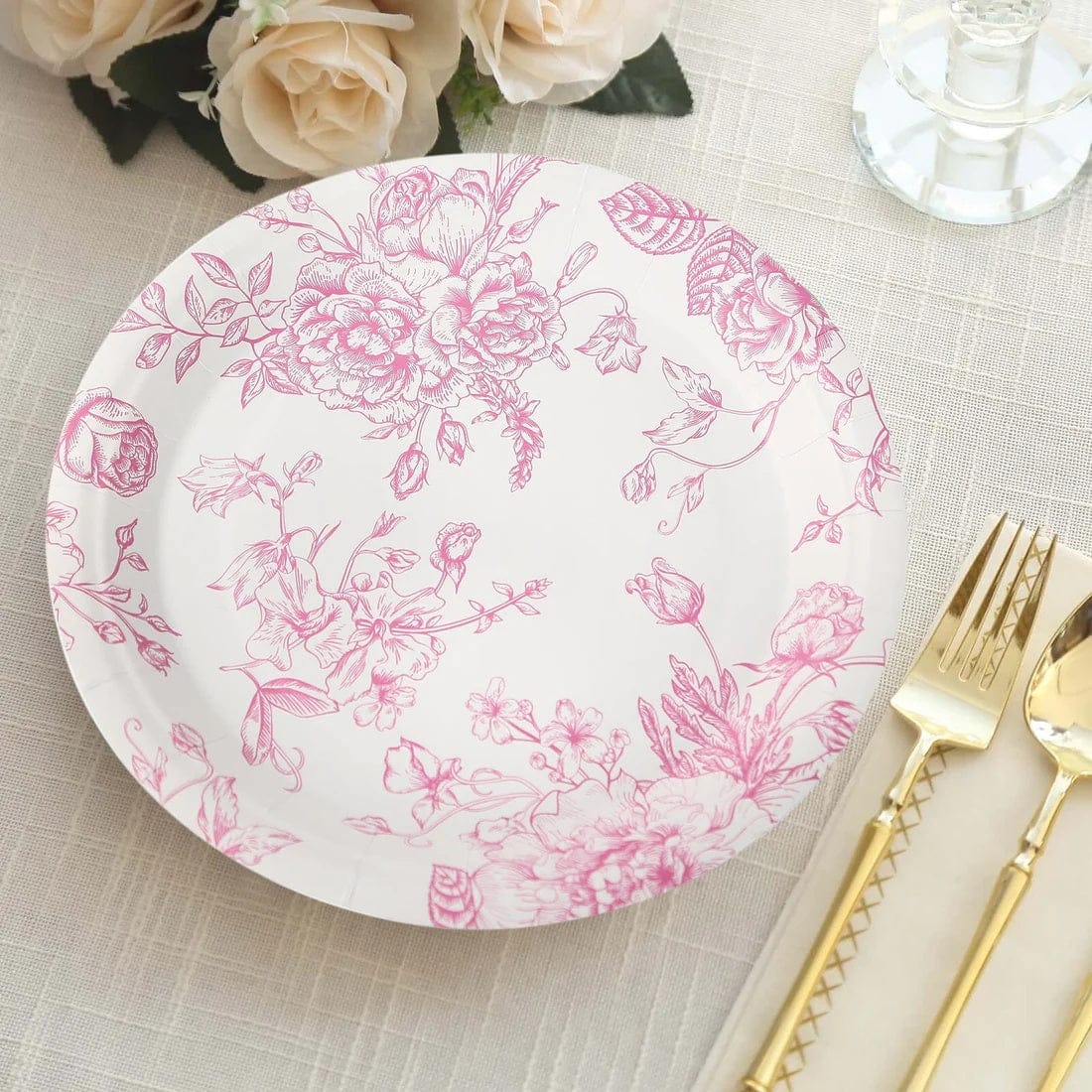25 French Toile Floral Paper Salad Dinner Plates - Disposable Tableware
