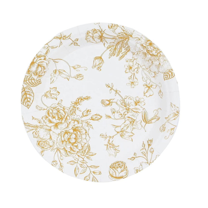 25 French Toile Floral Paper Salad Dinner Plates - Disposable Tableware DSP_PPR0023_FLOR_7_GOLD