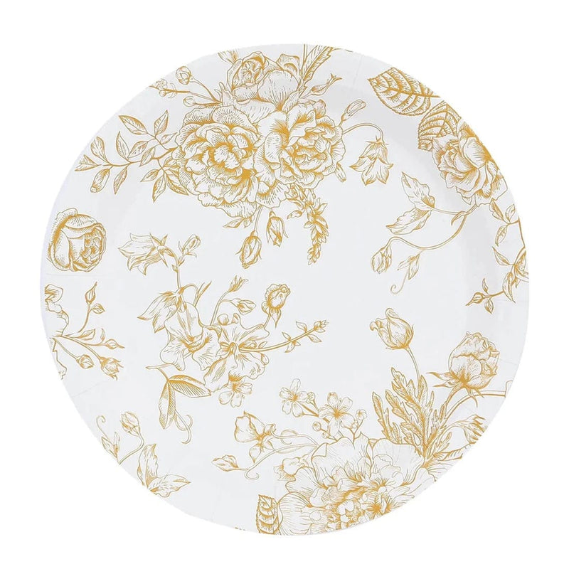 25 French Toile Floral Paper Salad Dinner Plates - Disposable Tableware DSP_PPR0023_FLOR_9_GOLD