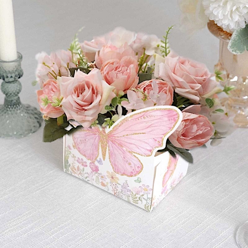 25 Glitter Butterfly Theme Paper Food Trays - White and Pink BOX_5X3_BUT01_PINK