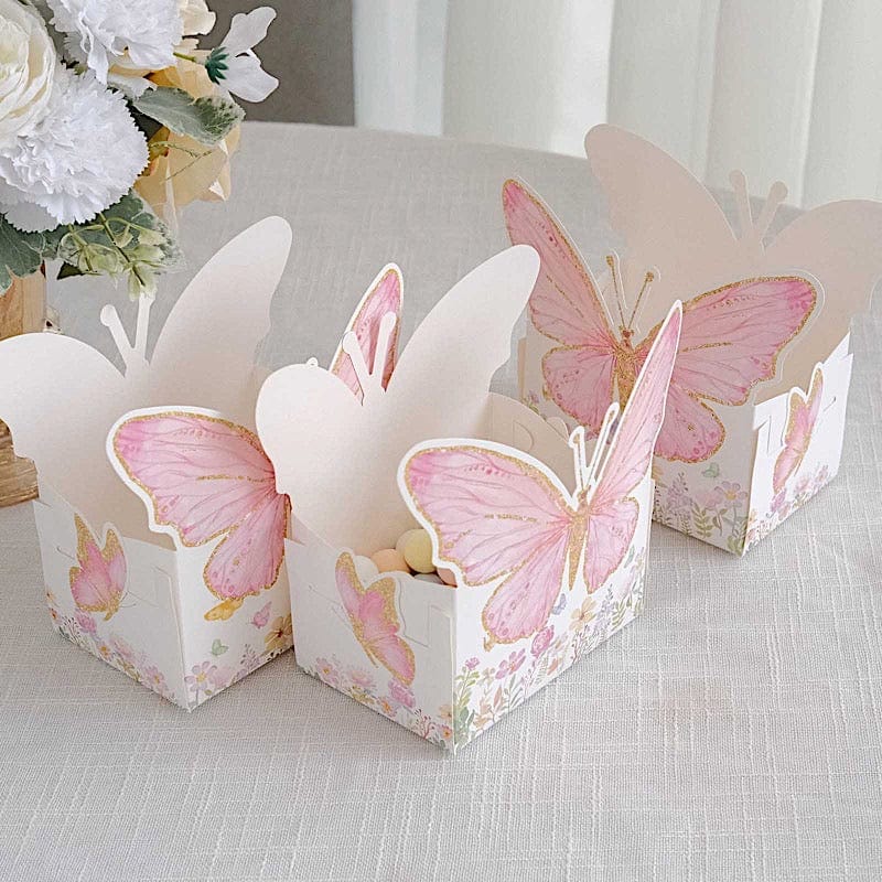 25 Glitter Butterfly Theme Paper Food Trays - White and Pink BOX_5X3_BUT01_PINK