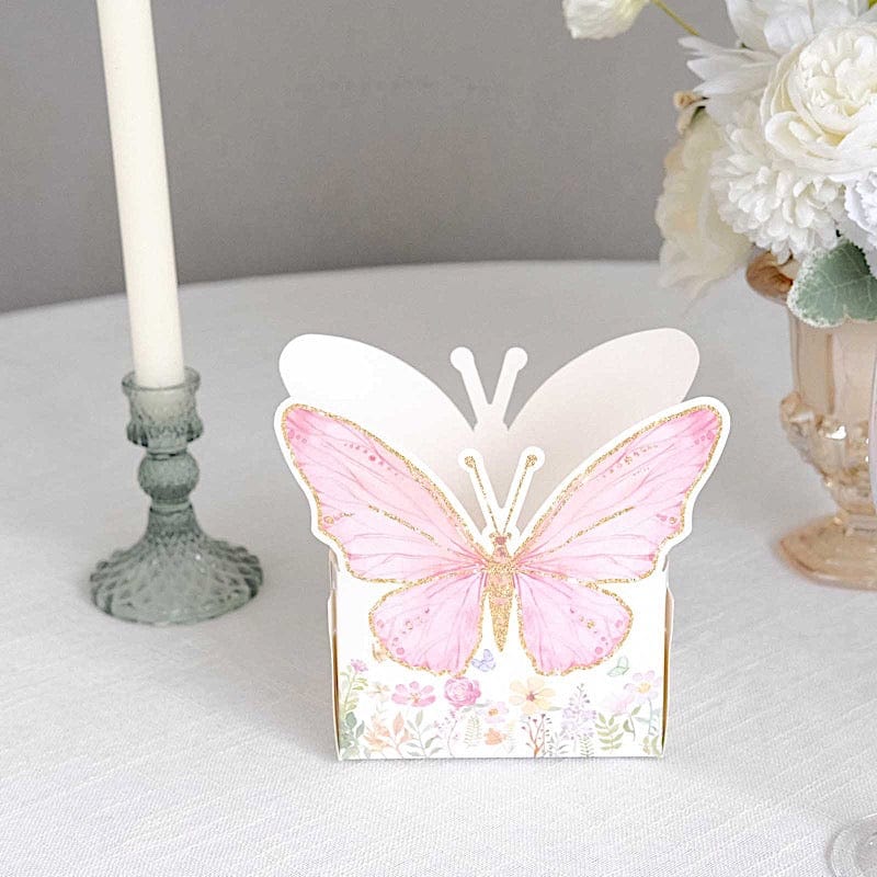 25 Glitter Butterfly Theme Paper Food Trays - White and Pink BOX_5X3_BUT01_PINK