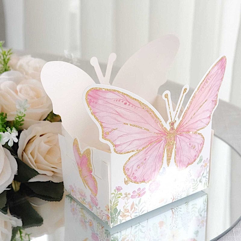 25 Glitter Butterfly Theme Paper Food Trays - White and Pink BOX_5X3_BUT01_PINK
