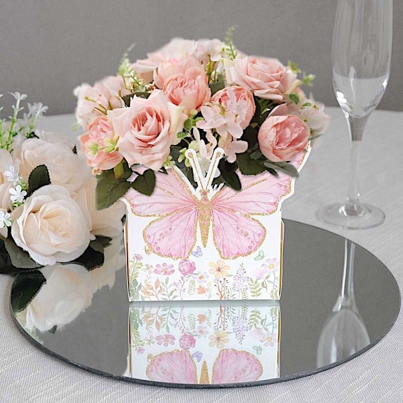 25 Glitter Butterfly Theme Paper Food Trays - White and Pink BOX_5X3_BUT01_PINK