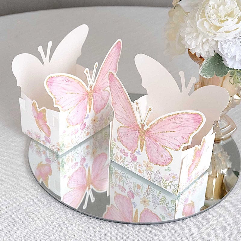 25 Glitter Butterfly Theme Paper Food Trays - White and Pink BOX_5X3_BUT01_PINK