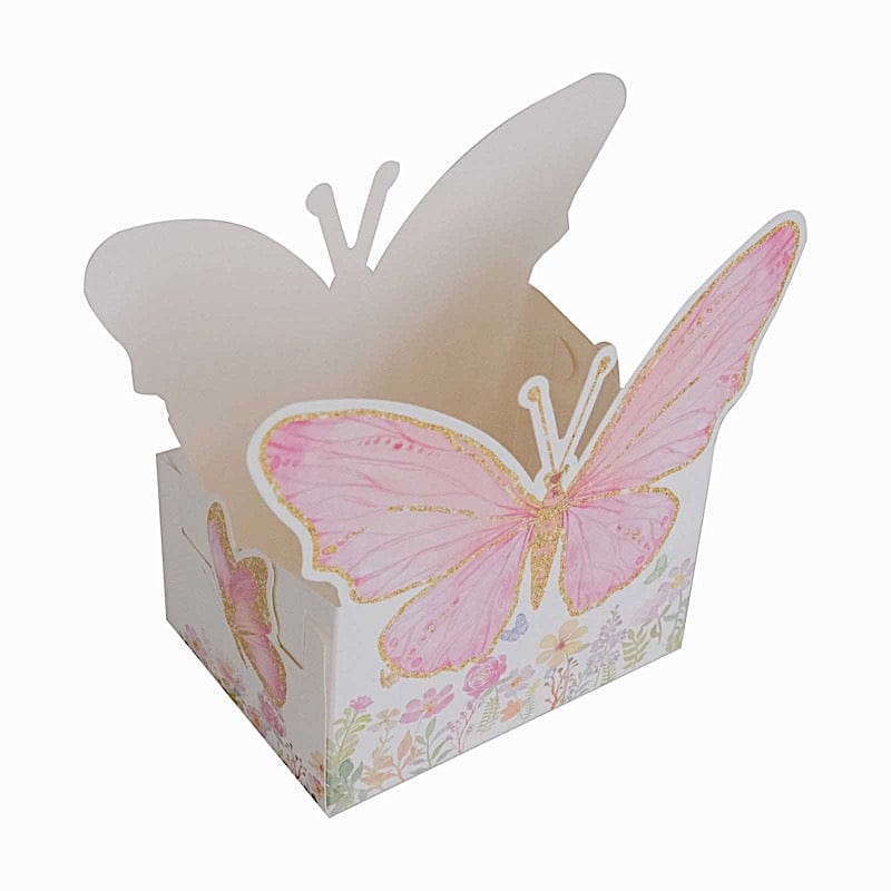 25 Glitter Butterfly Theme Paper Food Trays - White and Pink BOX_5X3_BUT01_PINK