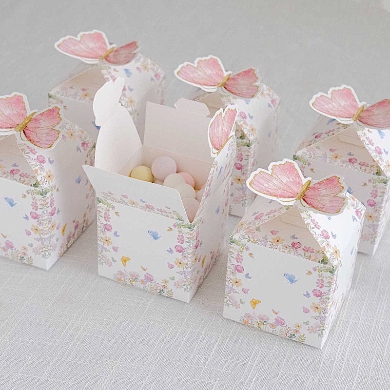 25 Glitter Butterfly Top Party Favor Boxes - White and Pink BOX_3X3_BUT01_PINK