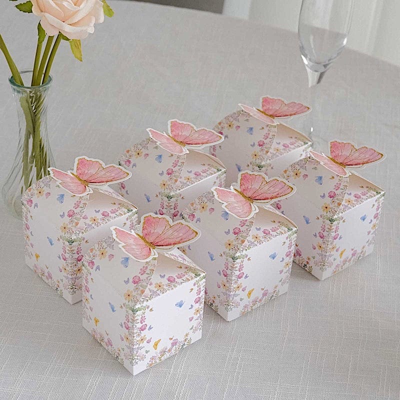 25 Glitter Butterfly Top Party Favor Boxes - White and Pink BOX_3X3_BUT01_PINK