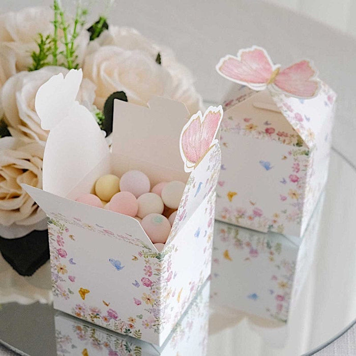 25 Glitter Butterfly Top Party Favor Boxes - White and Pink BOX_3X3_BUT01_PINK