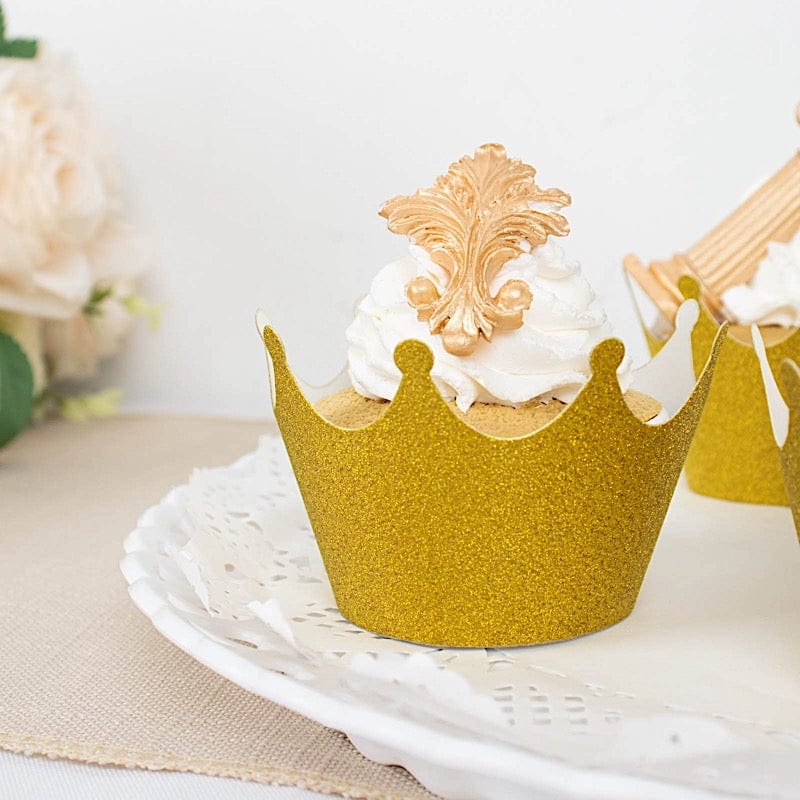 25 Glittered Crown Paper Cupcake Liners Muffin Wrappers - Gold CAKE_WRAP_PAP02_GOLD