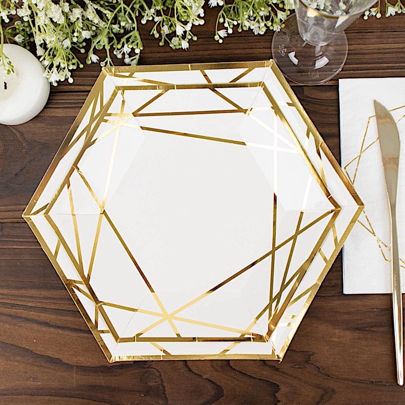 25 Hexagon Paper Salad Dinner Plates with Gold Trim - Disposable Tableware