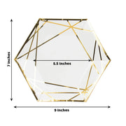 25 Hexagon Paper Salad Dinner Plates with Gold Trim - Disposable Tableware