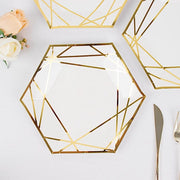 25 Hexagon Paper Salad Dinner Plates with Gold Trim - Disposable Tableware