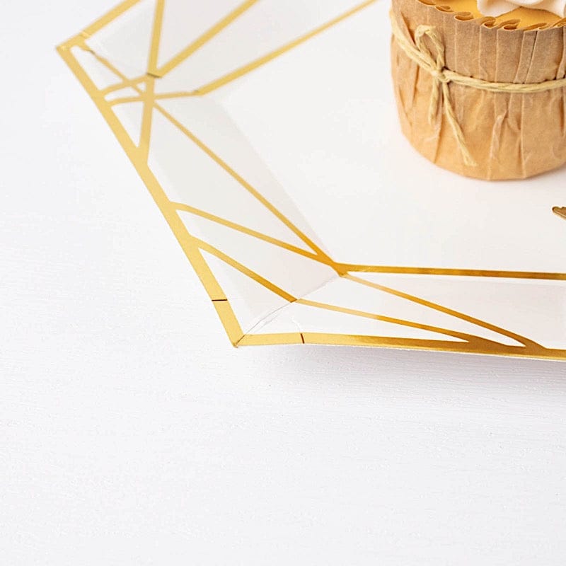 25 Hexagon Paper Salad Dinner Plates with Gold Trim - Disposable Tableware