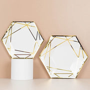 25 Hexagon Paper Salad Dinner Plates with Gold Trim - Disposable Tableware