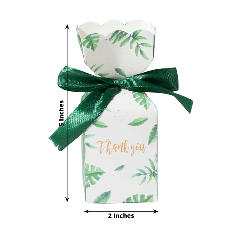 25 Leaf Print Satin Ribbon Favor Boxes with Floral Top - White and Green BOX_FLO_GRN