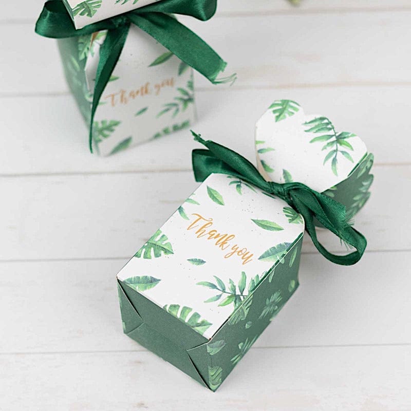 25 Leaf Print Satin Ribbon Favor Boxes with Floral Top - White and Green BOX_FLO_GRN