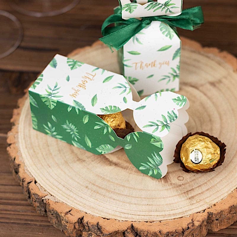 25 Leaf Print Satin Ribbon Favor Boxes with Floral Top - White and Green BOX_FLO_GRN