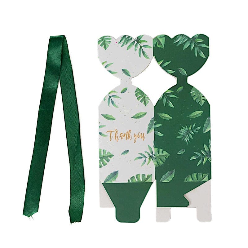 25 Leaf Print Satin Ribbon Favor Boxes with Floral Top - White and Green BOX_FLO_GRN