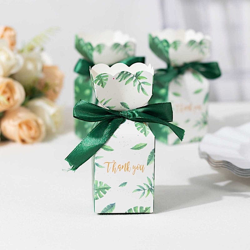 25 Leaf Print Satin Ribbon Favor Boxes with Floral Top - White and Green BOX_FLO_GRN