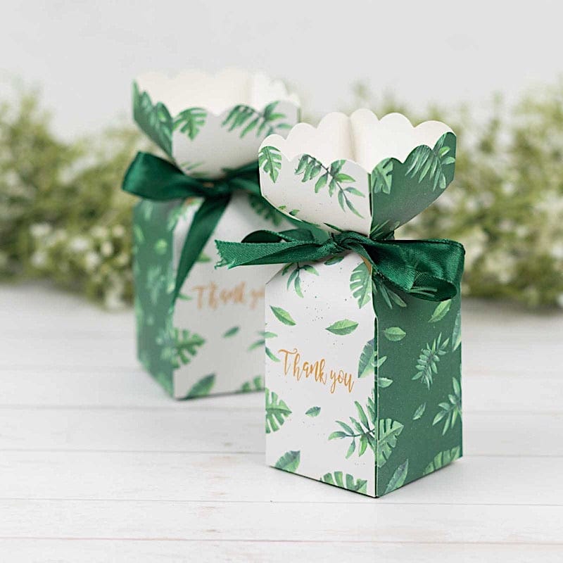 25 Leaf Print Satin Ribbon Favor Boxes with Floral Top - White and Green BOX_FLO_GRN