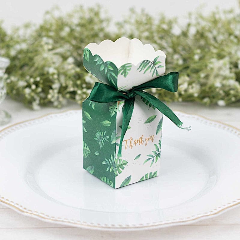 25 Leaf Print Satin Ribbon Favor Boxes with Floral Top - White and Green BOX_FLO_GRN