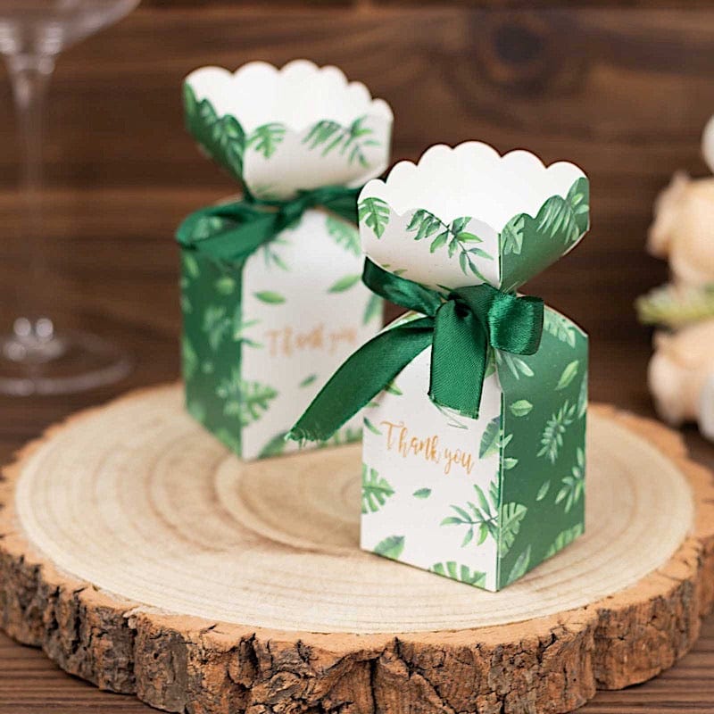 25 Leaf Print Satin Ribbon Favor Boxes with Floral Top - White and Green BOX_FLO_GRN