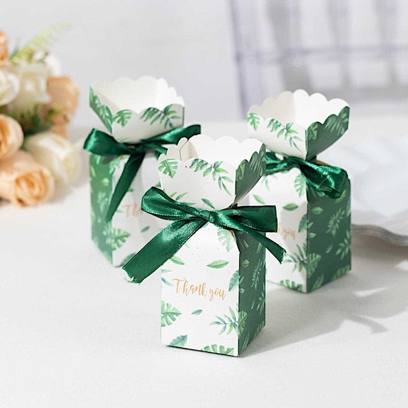 25 Leaf Print Satin Ribbon Favor Boxes with Floral Top - White and Green BOX_FLO_GRN