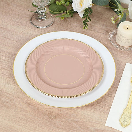 25 Metallic Round Paper Salad Dinner Plates with Textured Rim - Disposable Tableware