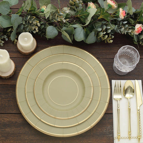25 Metallic Round Paper Salad Dinner Plates with Textured Rim - Disposable Tableware