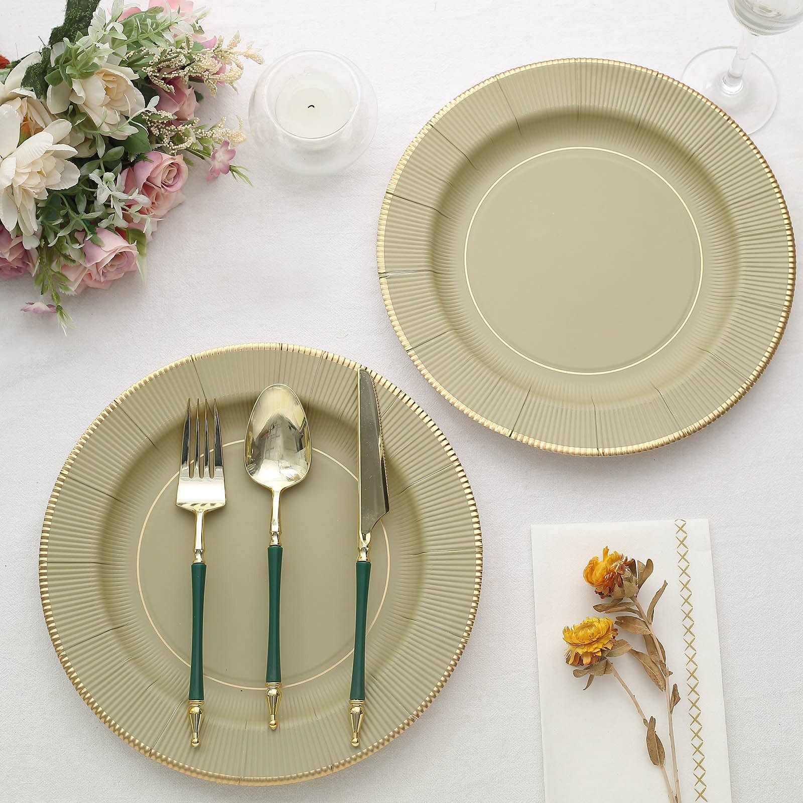 25 Metallic Round Paper Salad Dinner Plates with Textured Rim - Disposable Tableware