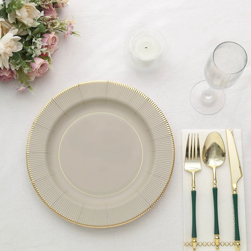 25 Metallic Round Paper Salad Dinner Plates with Textured Rim - Disposable Tableware