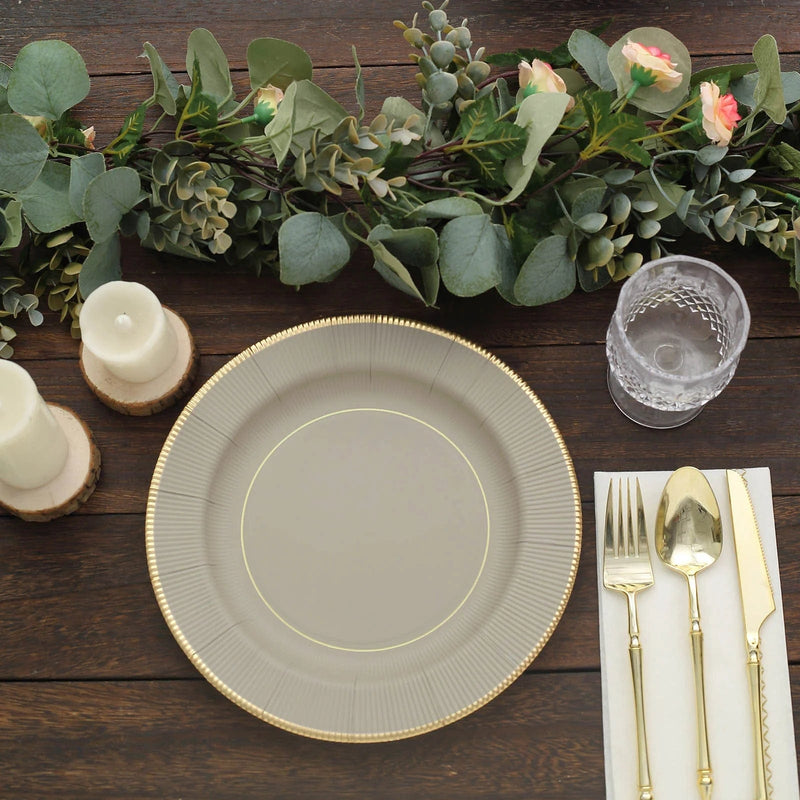 25 Metallic Round Paper Salad Dinner Plates with Textured Rim - Disposable Tableware