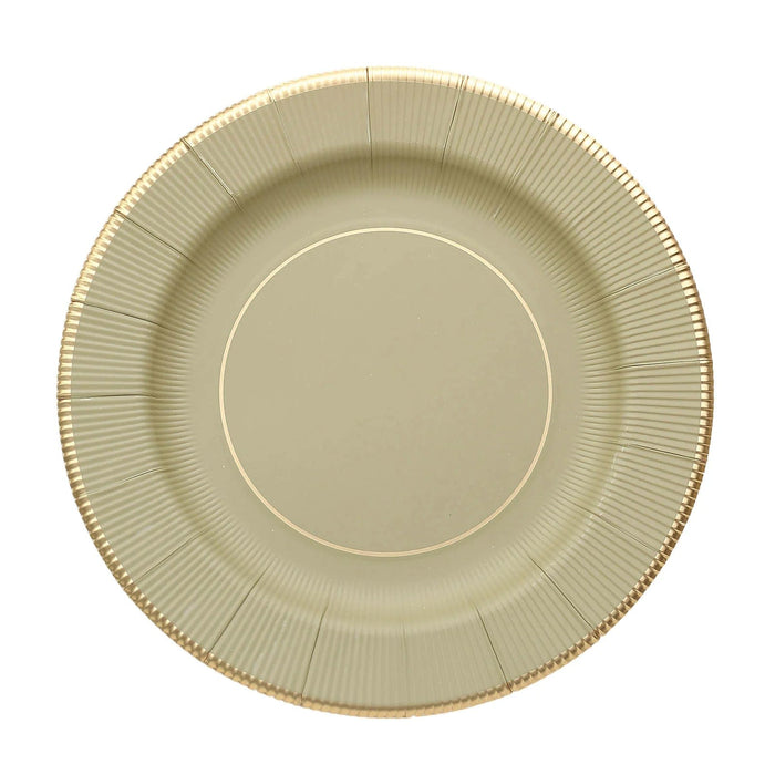 25 Metallic Round Paper Salad Dinner Plates with Textured Rim - Disposable Tableware DSP_PPR0011_10_KHAKI