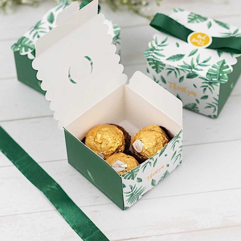 25 Monstera Leaf Print Favor Gift Boxes with Satin Ribbon Bow - Green BOX_2X2_FLOR01_GRN