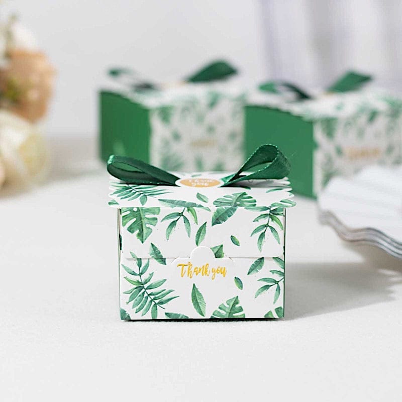 25 Monstera Leaf Print Favor Gift Boxes with Satin Ribbon Bow - Green BOX_2X2_FLOR01_GRN