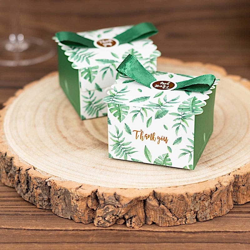 25 Monstera Leaf Print Favor Gift Boxes with Satin Ribbon Bow - Green BOX_2X2_FLOR01_GRN