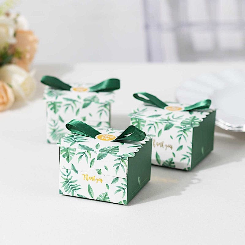 25 Monstera Leaf Print Favor Gift Boxes with Satin Ribbon Bow - Green BOX_2X2_FLOR01_GRN
