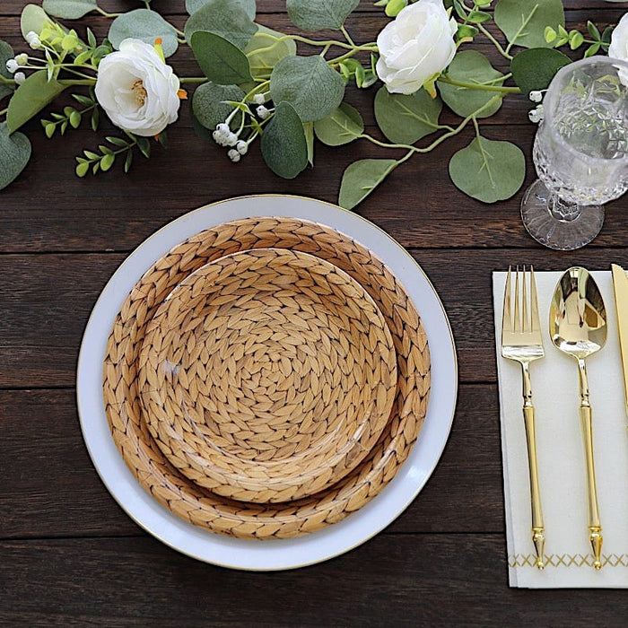 25 Natural Paper Dinner Plates with Woven Rattan Print