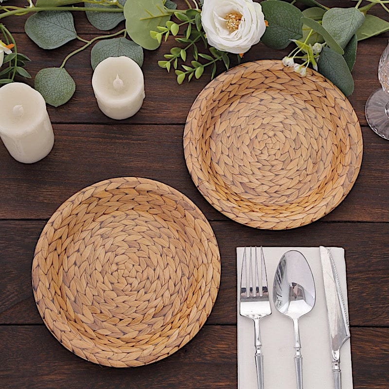 25 Natural Paper Dinner Plates with Woven Rattan Print