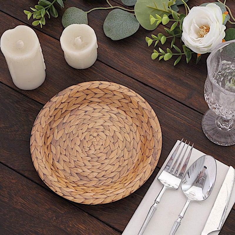 25 Natural Paper Dinner Plates with Woven Rattan Print