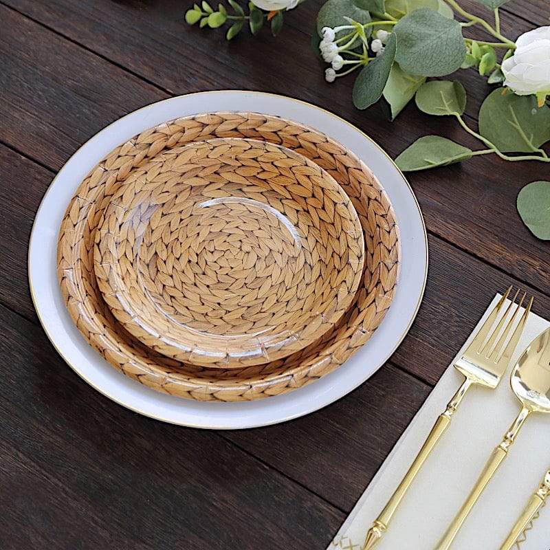 25 Natural Paper Dinner Plates with Woven Rattan Print