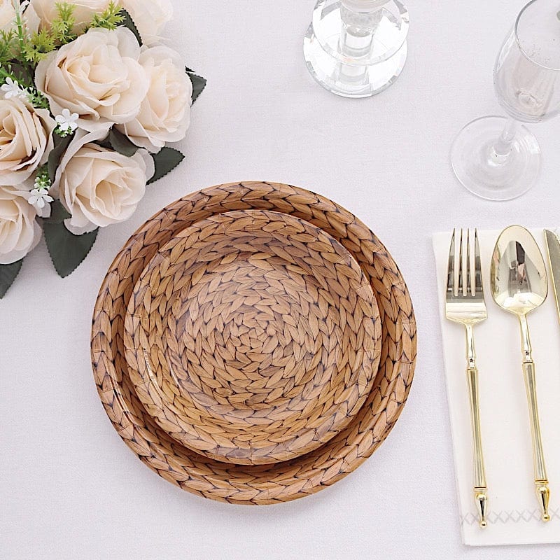 25 Natural Paper Dinner Plates with Woven Rattan Print