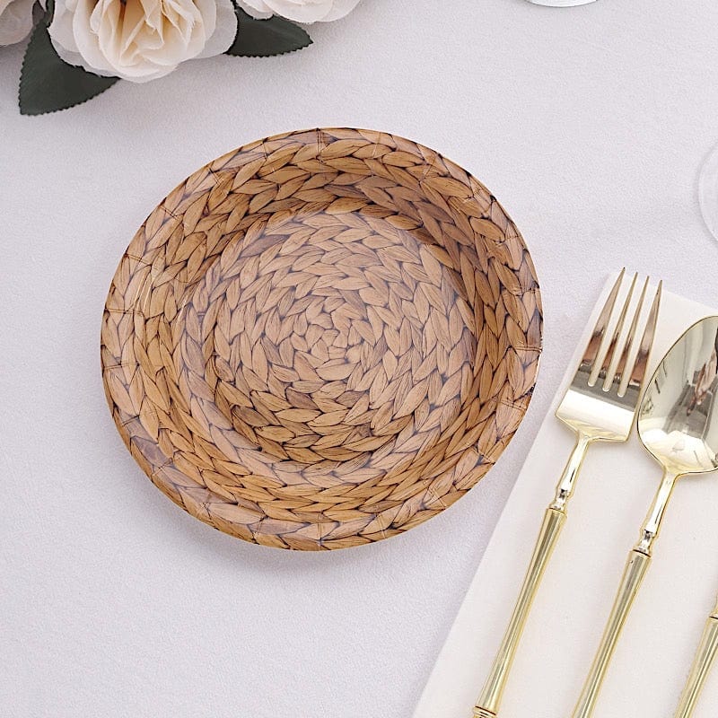 25 Natural Paper Dinner Plates with Woven Rattan Print