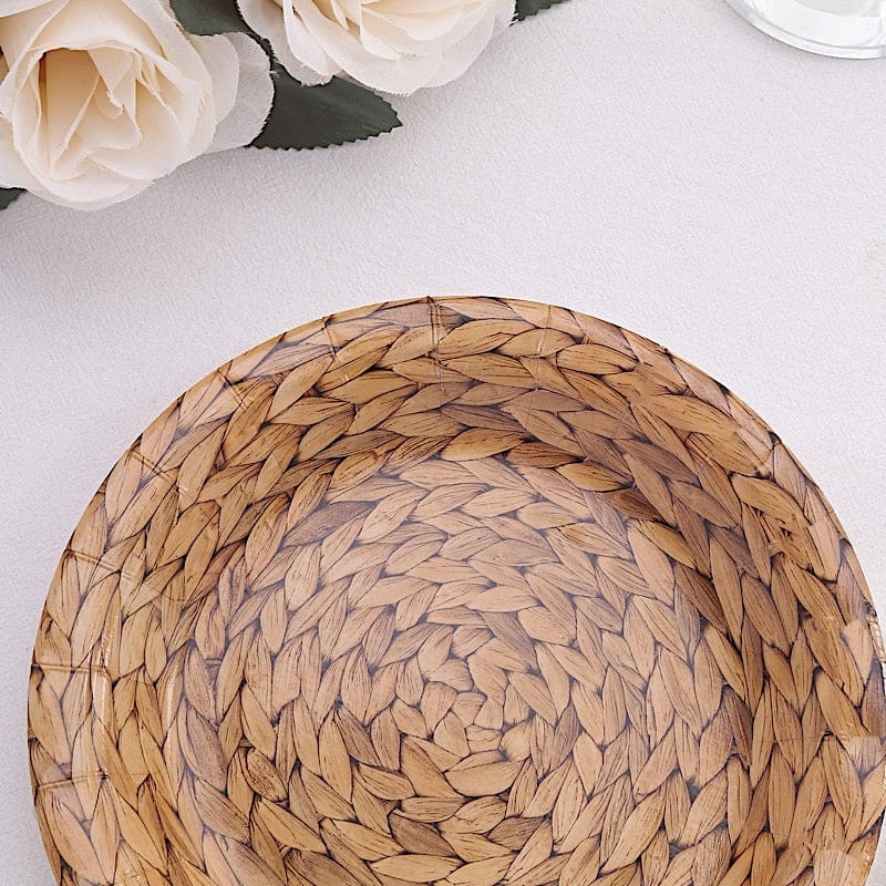 25 Natural Paper Dinner Plates with Woven Rattan Print