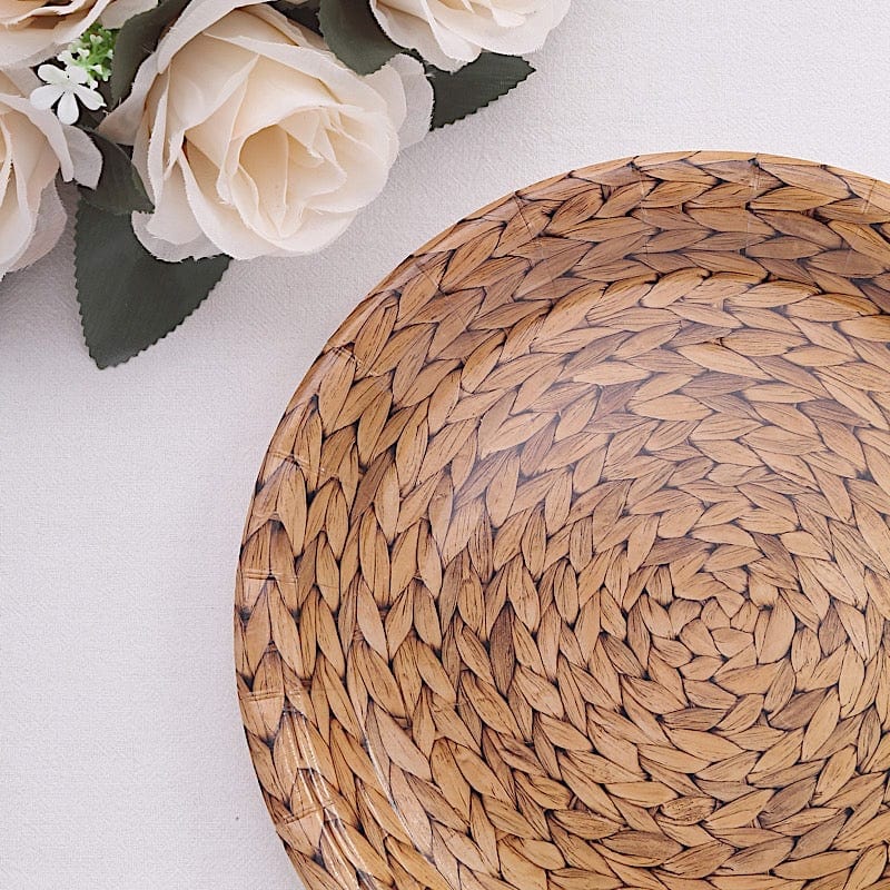 25 Natural Paper Dinner Plates with Woven Rattan Print