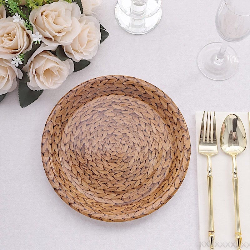 25 Natural Paper Dinner Plates with Woven Rattan Print