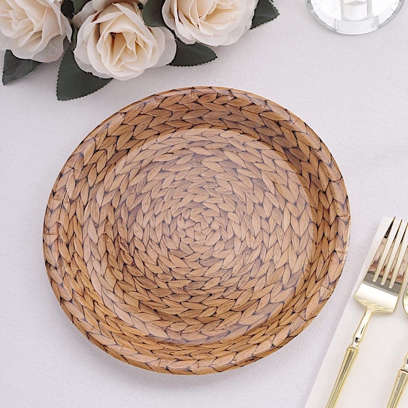 25 Natural Paper Dinner Plates with Woven Rattan Print