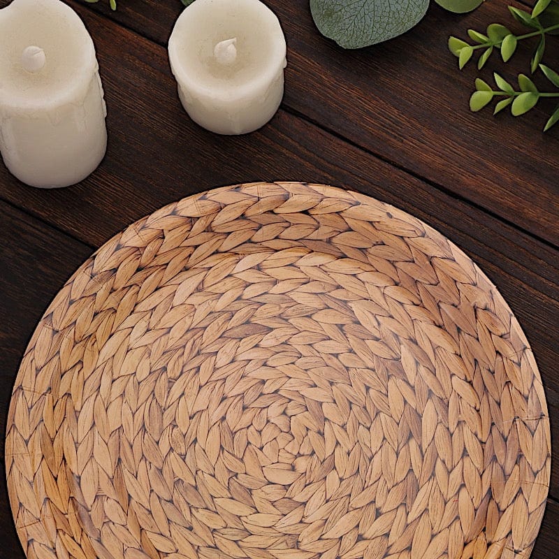 25 Natural Paper Dinner Plates with Woven Rattan Print