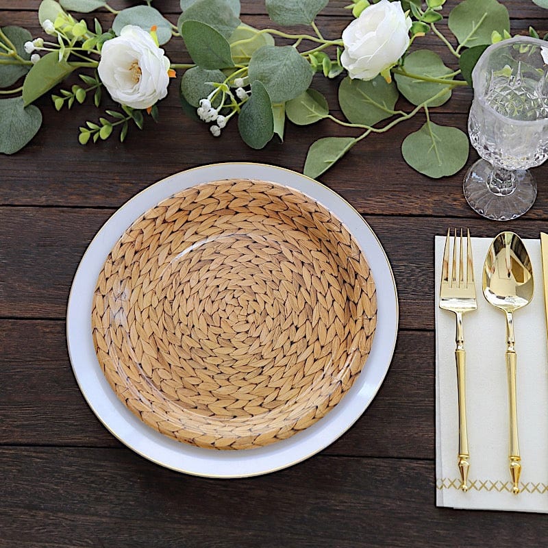 25 Natural Paper Dinner Plates with Woven Rattan Print